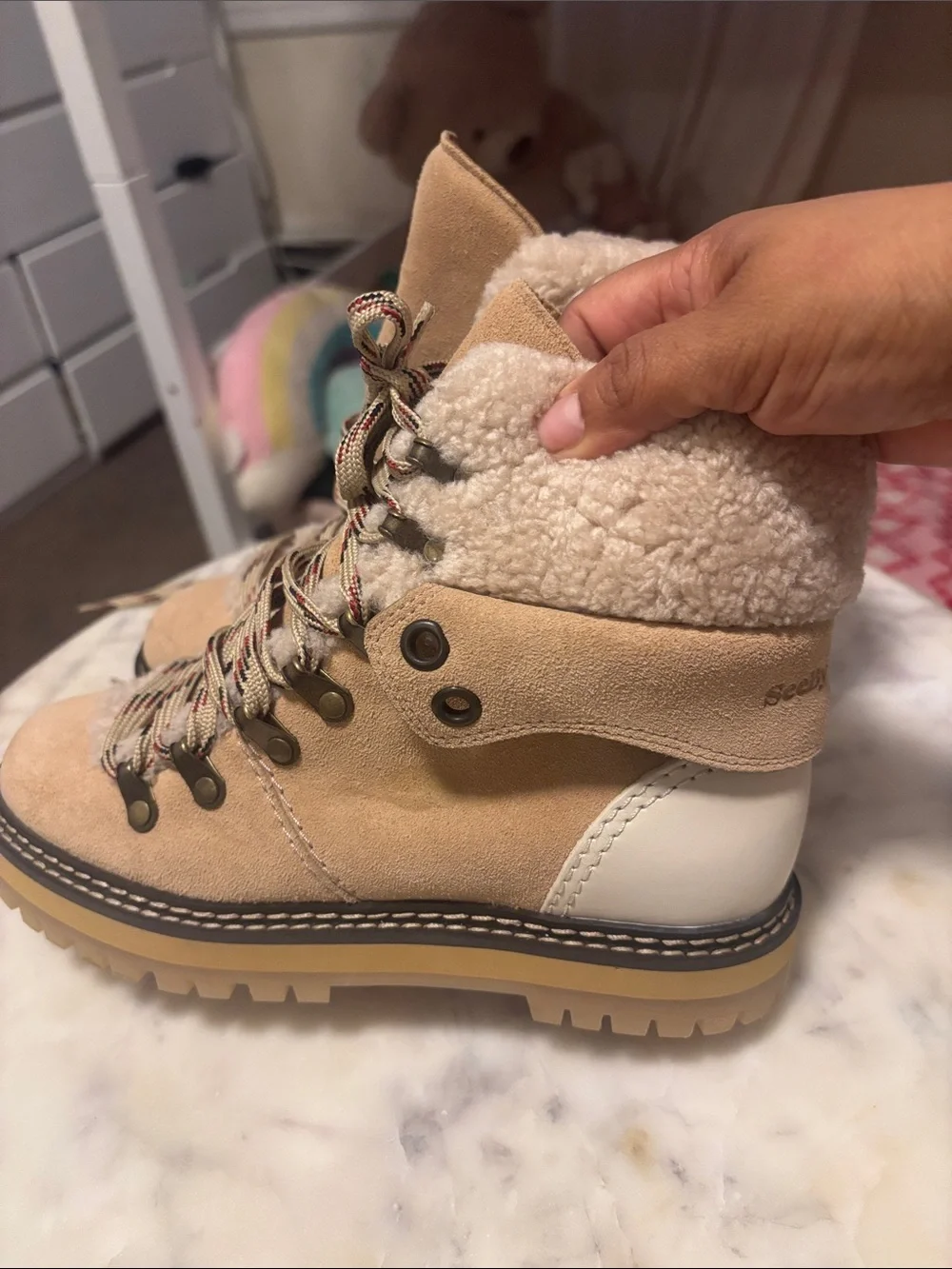 See By Chloe Suede Sherpa-Lined Hiker Boots - Beige